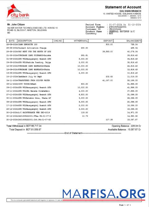Printable Bangladesh City bank statement word real example